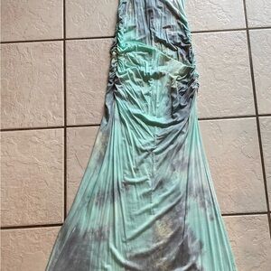 Venus Tye Dye maxi Dress Teal/gray Open Back W/ Side Slit Size Extra Small NWT